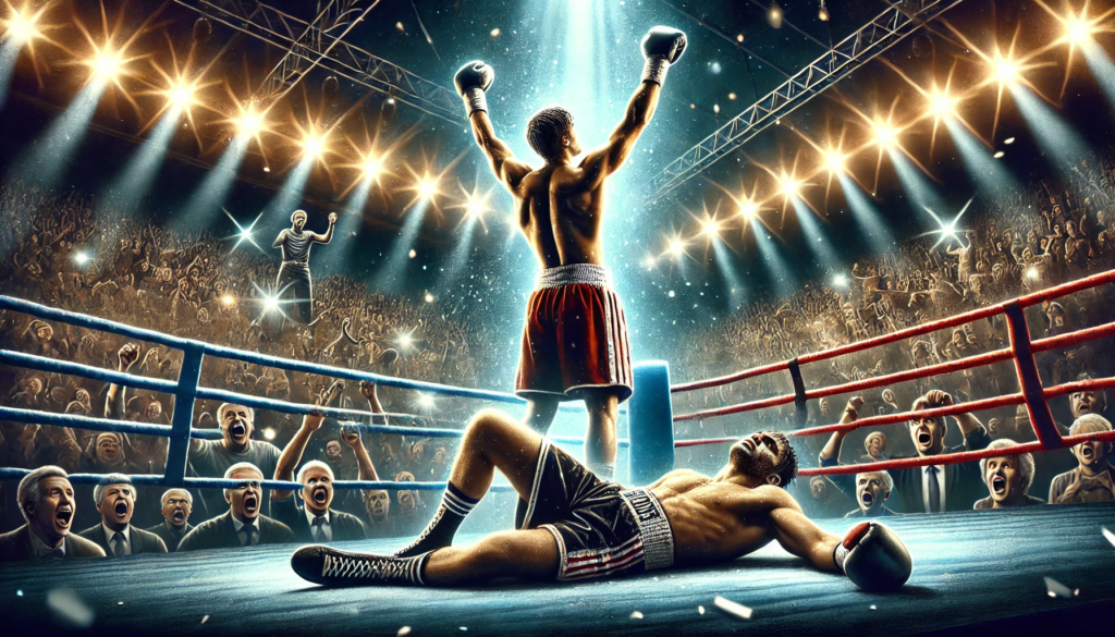 A dramatic boxing illustration representing the top 10 fights that shocked the world. A boxer lies stunned on the canvas while the victorious fighter raises his arms in triumph under bright stadium lights. The background features a montage of famous upset moments in boxing history, with roaring crowds and shocked expressions from fans. The atmosphere conveys surprise, intensity, and the unforgettable moments that changed the sport forever.