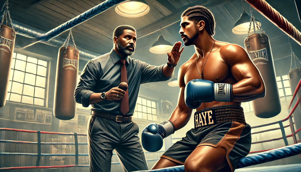 A realistic boxing illustration representing David Haye working with a new trainer. A boxer is intensely focused in the ring as his trainer holds up focus mitts for him to strike. The background showcases a classic boxing gym with punching bags, a speed bag, and training equipment, emphasizing mentorship and preparation. The atmosphere conveys discipline, strategy, and the importance of finding the right coach for success.