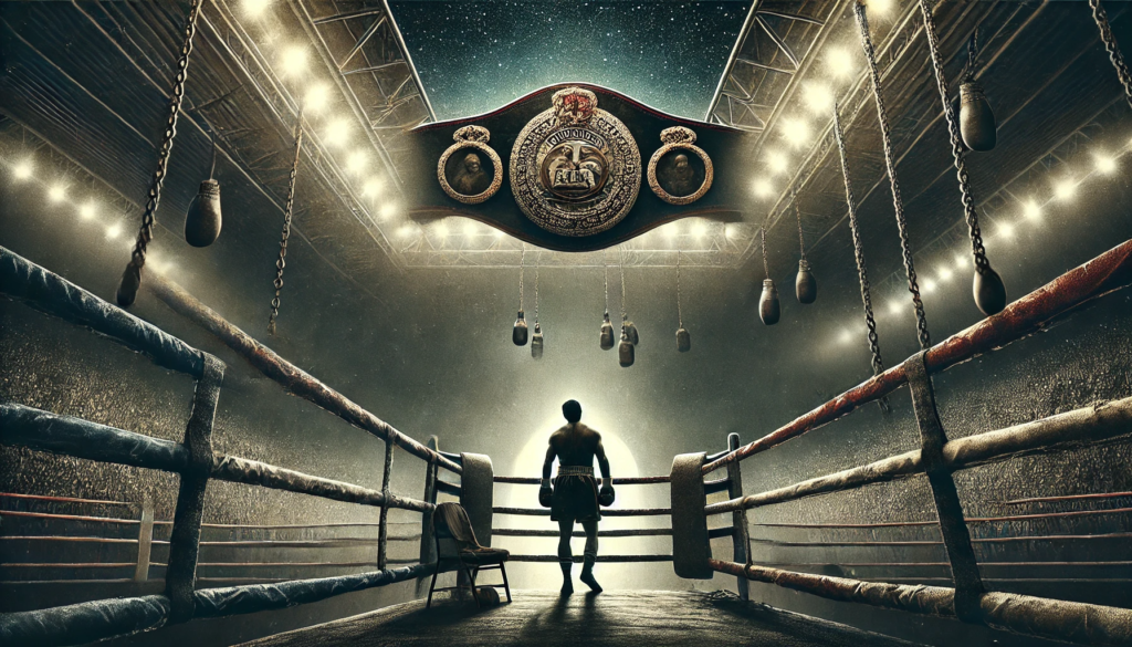 dramatic boxing illustration representing the potential end of a legendary fighter’s career. A lone boxer stands in the ring under dimmed stadium lights, with his gloves resting on the ropes as he looks toward an empty arena. A faded championship belt hangs in the background, symbolizing past achievements, while a tunnel leading out of the arena represents the uncertainty of his future. The atmosphere conveys nostalgia, legacy, and the emotional weight of retirement in boxing."