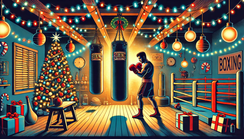 A unique boxing illustration representing the life of a boxer over Christmas. A dedicated fighter trains inside a boxing gym decorated with festive Christmas lights and decorations. A Christmas tree stands in the background, while the boxer shadowboxes near a heavy bag, symbolizing the balance between training and holiday celebrations. The atmosphere conveys discipline, dedication, and the holiday spirit within the boxing world.