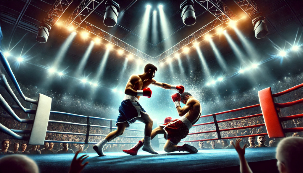 A dramatic boxing illustration capturing the shocking outcome of Alvarez vs. Fielding. One fighter lands a powerful punch while the other stumbles backward under bright stadium lights. The roaring crowd in the background adds to the intensity, emphasizing the unexpected nature of the fight that shook the boxing world."