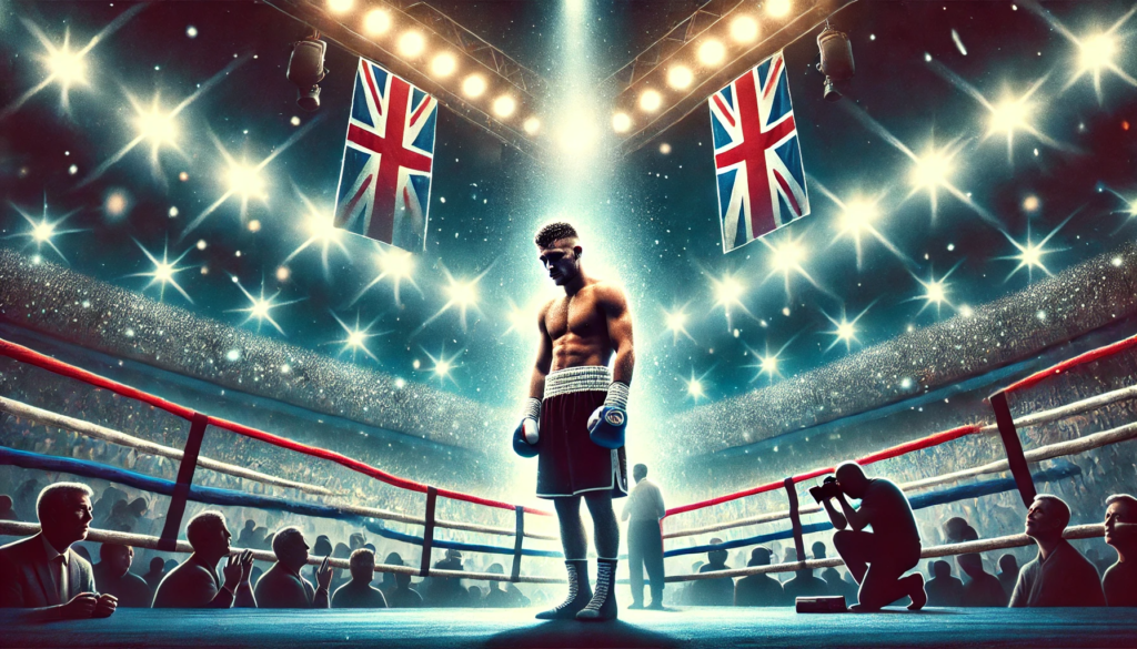 A powerful boxing illustration capturing the downfall of Josh Warrington. A boxer stands in the ring under bright stadium lights, looking frustrated and disappointed after a tough loss. The blurred crowd in the background symbolizes fading support, while a torn fight banner represents missed opportunities and setbacks in his boxing career."