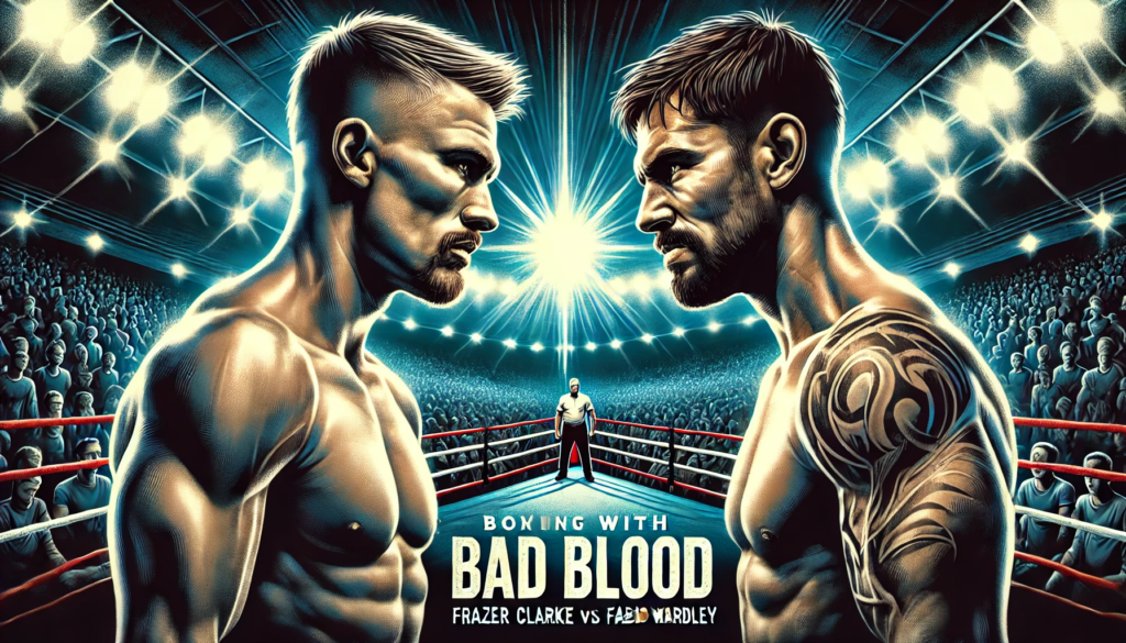 A fierce boxing illustration capturing the brewing battle with bad blood between Frazer Clarke and Fabio Wardley. The image features two powerful fighters locked in a tense face-off in the ring under bright stadium lights, with a roaring crowd in the background, symbolizing the high-stakes intensity of this anticipated showdown