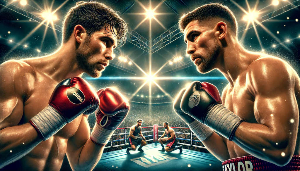 "A realistic boxing illustration capturing the intense rivalry in the Taylor vs. Catterall rematch. The two determined fighters engage in a fierce exchange of punches under bright stadium lights, with a roaring crowd in the background, symbolizing the setbacks and high stakes of this gripping saga and its impact on their future."