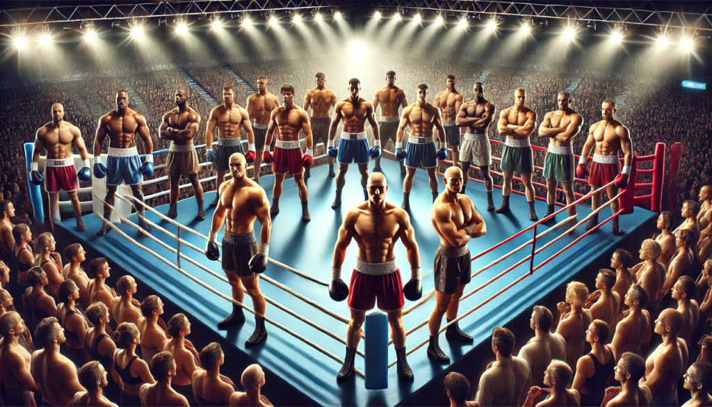 A realistic boxing illustration depicting multiple fighters of different weight classes standing in a professional boxing ring, symbolizing the diversity of boxing's weight divisions. The scene is illuminated by bright stadium lights, with a roaring crowd in the background, showcasing the intensity and structure of the sport.