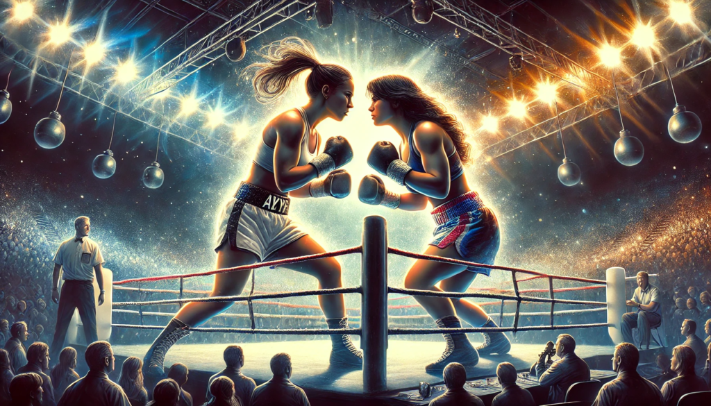A high-energy boxing illustration depicting two fierce female fighters in a dramatic face-off inside the ring, symbolizing the intensity of the Katie Taylor-Chantelle Cameron trilogy. The electrifying atmosphere, bright arena lights, and roaring crowd capture the unfolding boxing drama of this legendary rivalry.