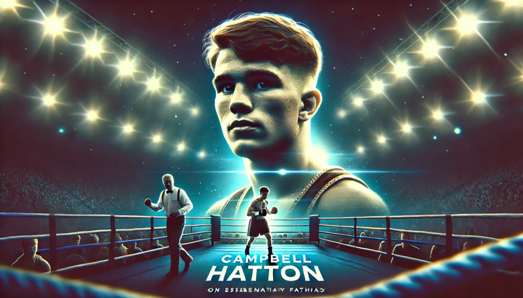 A compelling boxing illustration of a young, determined fighter in the ring, symbolizing Campbell Hatton’s journey to establish his own legacy. The bright arena lights and roaring crowd highlight the challenge of stepping out of his legendary father’s shadow while forging his own path in boxing."