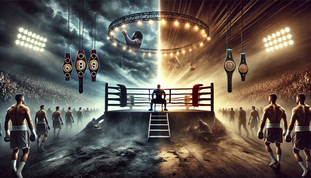 Feature image of a boxing ring under dramatic lighting, representing Anthony Joshua's career. The left side shows a victorious Joshua holding championship belts with a cheering crowd in the background, symbolising his peak. The right side depicts a sombre Joshua sitting on a stool in the ring, reflecting his recent struggles. The overall mood conveys the highs and lows of his boxing journey.