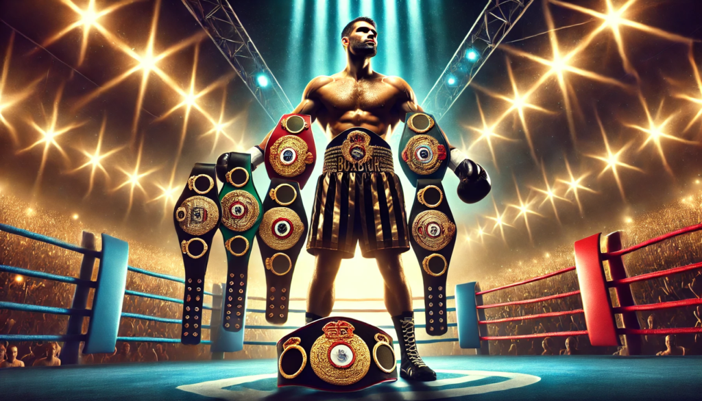 Artur Beterbiev standing triumphantly in the boxing ring, holding all four championship belts as the undisputed light-heavyweight champion. The scene captures the energy of victory, with spotlights illuminating the boxer and a cheering crowd in the background.