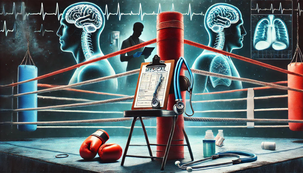 Digital illustration of a boxing ring emphasising boxer safety, featuring medical equipment such as stethoscopes, bandages, and a clipboard with medical notes draped over the ropes. A medical team in the background reviews test results and brain scans, highlighting the importance of health and recovery in boxing