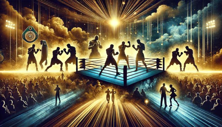 A dramatic landscape image symbolising boxing legacies, featuring a glowing boxing ring at the centre surrounded by a golden aura. Silhouettes of iconic boxers represent different weight classes and eras: a towering heavyweight, a swift lightweight, and a strong female fighter, all in dynamic poses. The background includes roaring crowds, bright spotlights, and subtle imagery of championship belts and pathways, reflecting the journey of fighters striving to leave their mark on boxing history. The bold colour palette of gold and dark blue evokes the grandeur and timelessness of legacies in boxing.