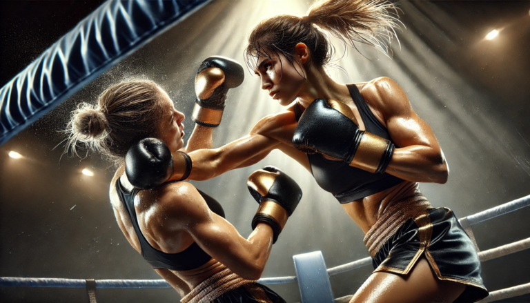 Two female boxers in the ring during an intense match, with one landing a powerful punch on her opponent. Both athletes wear black and gold boxing gloves, showing their strength and determination as sweat flies through the air. The boxing ring ropes are visible in the background, with dramatic lighting highlighting the action of the high-stakes bout