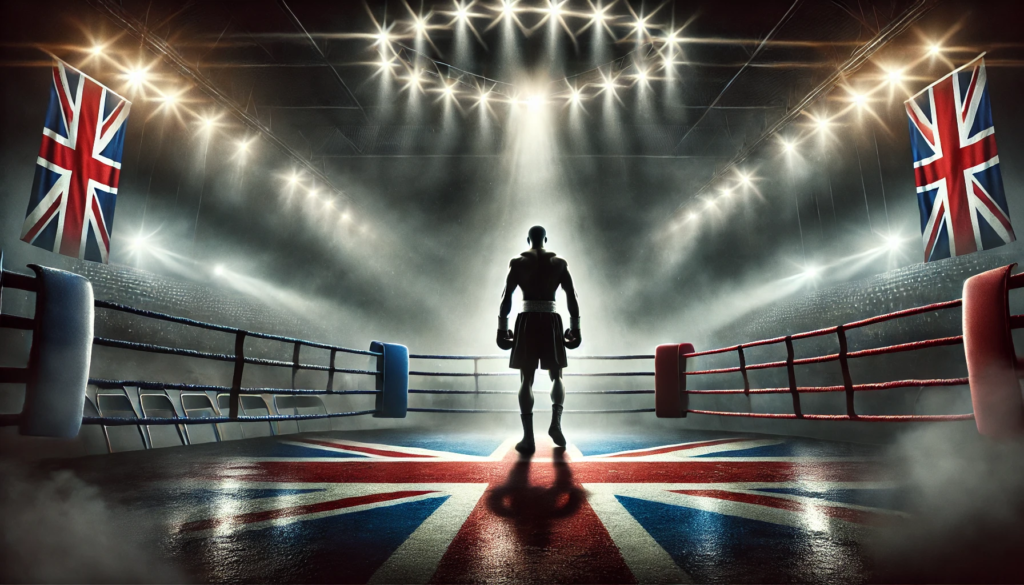 Conor Benn represented by a black boxer standing in the center of a boxing ring under dramatic lighting, symbolizing resilience and his comeback in British boxing