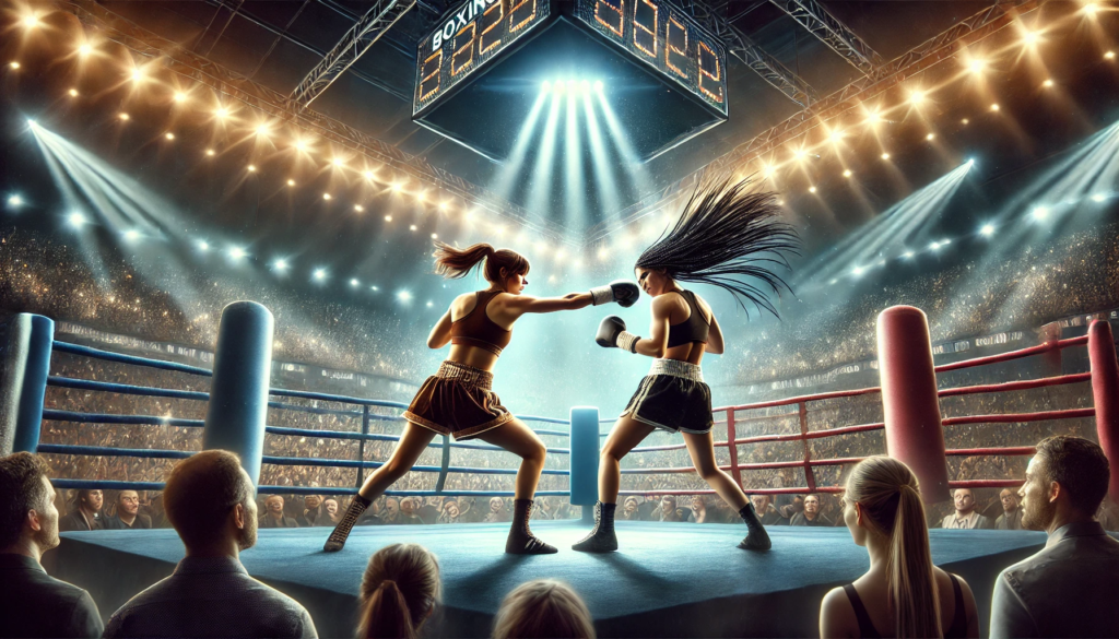 An intense boxing scene in a professional ring featuring two female boxers. One, with brown hair representing Katie Taylor, is landing a punch on her opponent with long black hair, symbolizing Amanda Serrano. The arena is filled with cheering fans under bright lights, creating a vibrant and high-stakes atmosphere. The glowing scoreboard in the background and their distinct boxing attire highlight the competitive nature of the fight.