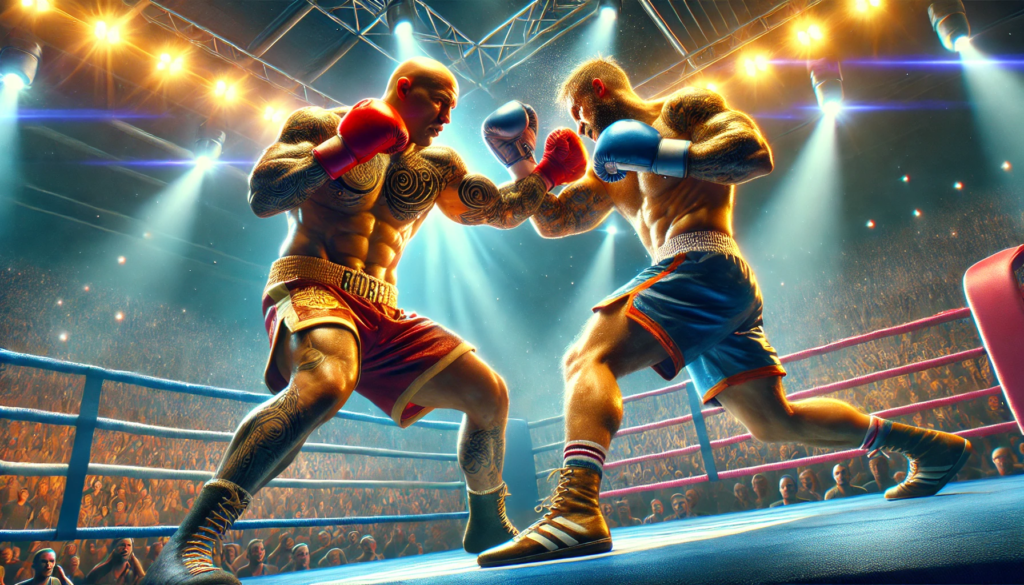 Jake Paul versus Mike Tyson in a dramatic boxing match inside a brightly lit professional ring, surrounded by a packed arena. The image captures the intensity and energy of the fight with vibrant colours and realistic details, showcasing the high stakes of Jake Paul versus Mike Tyson.