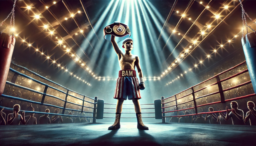 Jesse Rodriguez holding a championship belt in the boxing ring, celebrating his rise as a young, rising boxing star.