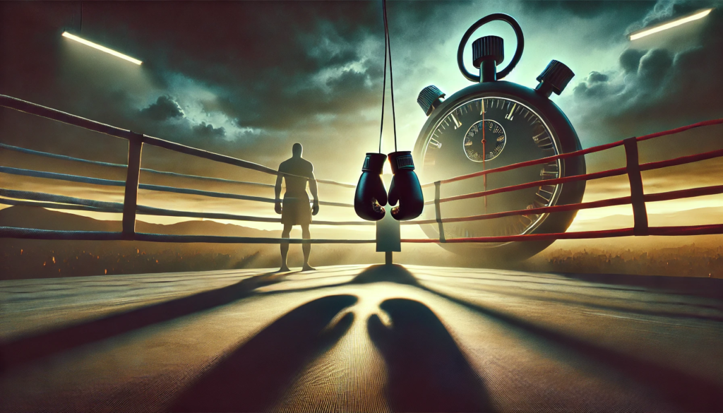 Dimly lit boxing ring with a pair of boxing gloves hanging on the ropes, symbolising inactivity and suspension in boxing, capturing the tension of being sidelined. The dramatic lighting highlights the gloves, connecting to the controversy around Ryan Garcia's suspension.