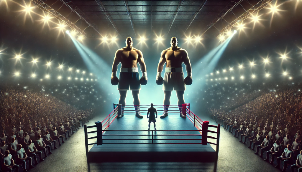 Two boxers face off in a dramatic boxing ring under bright stadium lights at night, with one fighter noticeably larger than the other, symbolising the size disparity in heavyweight boxing and the debate over creating a super heavyweight division.