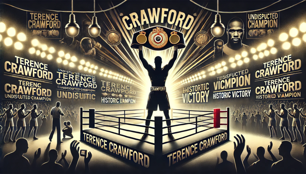 Silhouette of a victorious boxer, representing Terence Crawford, raising championship belts in a spotlighted boxing ring surrounded by a cheering crowd. The dynamic composition highlights Crawford’s legacy as an undisputed champion and his historic victory in the welterweight division, emphasising his dominance in the sport