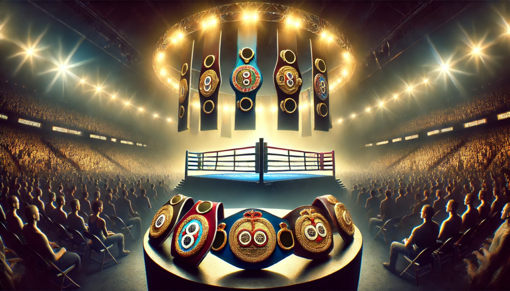 An intense boxing ring scene with a golden glow highlighting four championship belts displayed on a podium, symbolising the prestige and challenges of being an undisputed champion. The packed audience and blurred banners of famous boxers in the background add depth and focus to the image.