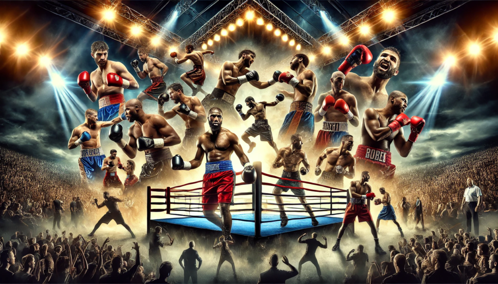 An energetic collage of heavyweight boxing featuring multiple fighters in action, including punching, celebrating, and intense staredowns, set against a dramatic boxing ring with bright spotlights and a cheering crowd, showcasing the talent and competition in the heavyweight division.