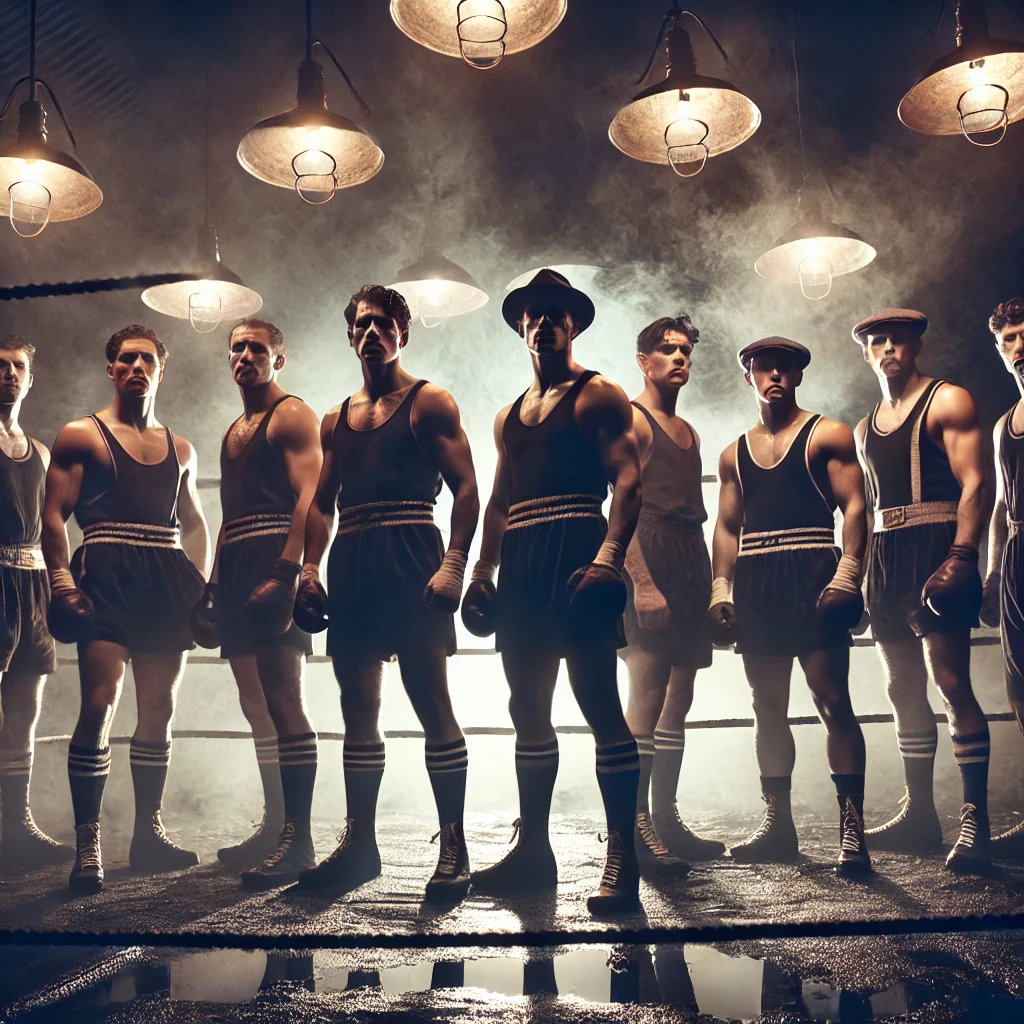 Shadowy figures of eight powerful, legendary boxers from 'Murderers' Row' standing in a dark, smoky boxing ring. The image has a vintage, gritty feel, evoking the 1940s boxing era with sepia tones and dim lighting.