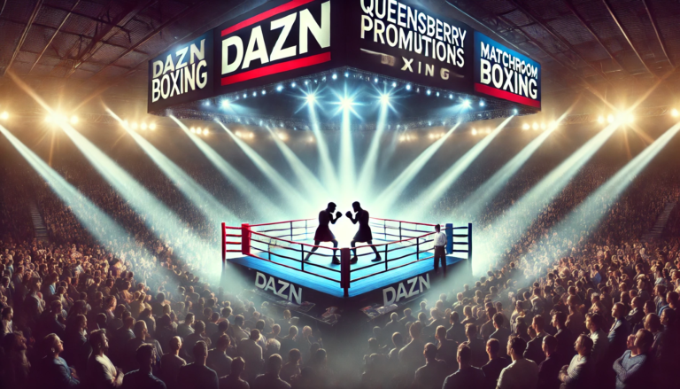 Boxing ring under bright lights with DAZN and Queensberry Promotions logos, symbolising the future of British boxing broadcasts