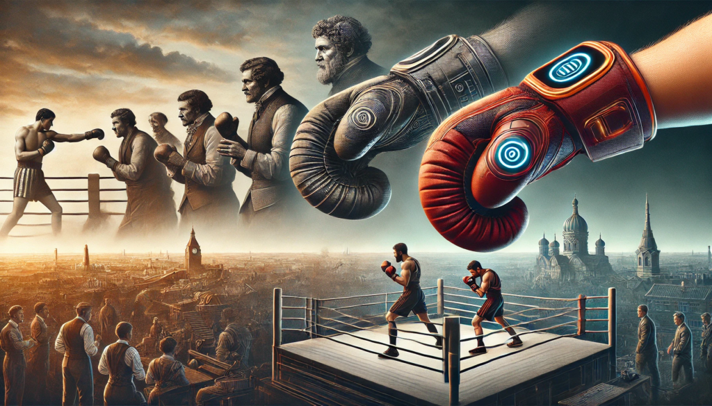 An illustration showcasing the evolution of boxing gloves, transitioning from bare-knuckle taped hands to vintage gloves under the Queensberry Rules, and finally to modern high-tech boxing gloves with gel padding and smart sensors. The background shifts from a historic boxing ring to a modern gym, symbolising advancements in fighter safety and equipment technology