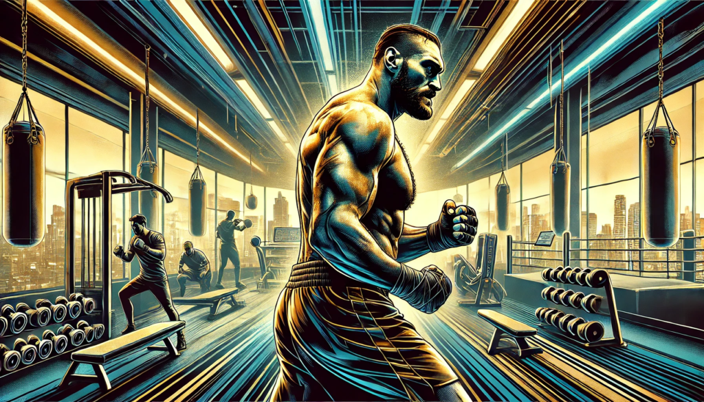 An illustration showcasing Tyson Fury’s transformation, depicting him as a lean and muscular heavyweight boxer training in a futuristic gym. The image highlights his intense workout routine and dedication, symbolising hard work and preparation for the Usyk rematch. The background features modern gym equipment and a city skyline, emphasising his focus on transformation