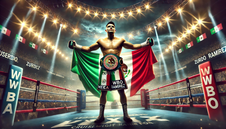 Gilberto 'Zurdo' Ramirez celebrates his cruiserweight unification victory, draped in a Mexican flag and holding the WBA and WBO championship belts, with a packed arena in the background. This image captures the triumph and intensity of Zurdo Ramirez's journey to becoming a top contender in the cruiserweight division."