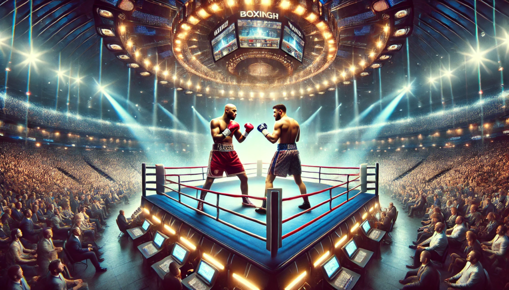 Two heavyweight boxers facing off in a futuristic boxing arena, symbolizing Joseph Parker and a rising contender like Daniel Dubois. The intense atmosphere, filled with bright lights and a lively crowd, captures the high stakes of a heavyweight title match, showcasing the determination and strength of both fighters as they prepare to battle