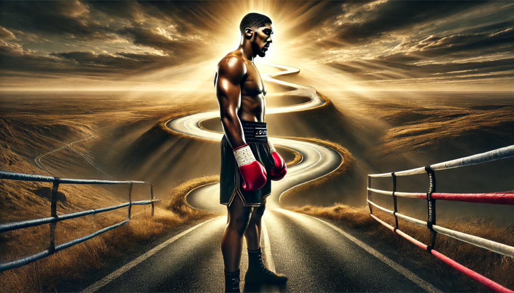 A dramatic landscape image of Anthony Joshua on the road to redemption, wearing black boxing trunks and red gloves. The background features a winding road leading to a golden horizon, symbolising his journey toward overcoming setbacks and reclaiming his place at the top of the heavyweight division.