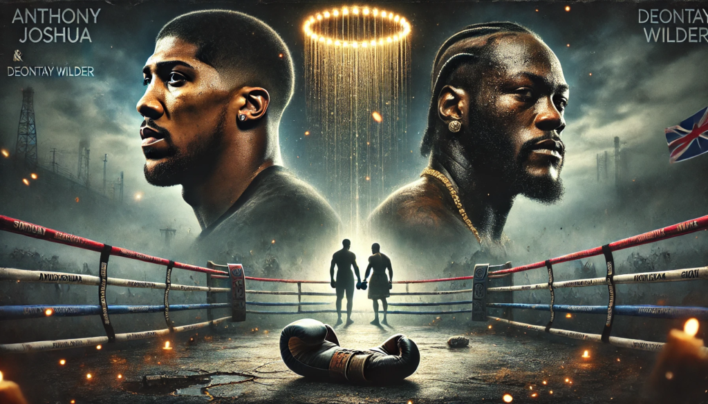 Feature image depicting the struggles of heavyweight boxers Anthony Joshua and Deontay Wilder. On the left, Anthony Joshua appears reflective with a shadowy boxing ring in the background, symbolising his recent loss. On the right, Deontay Wilder stands determined but uncertain, surrounded by flickering lights and faded fight posters. In the centre, a cracked boxing glove under a spotlight raises the question of whether fans should still care about the highly anticipated Anthony Joshua vs. Deontay Wilder showdown."