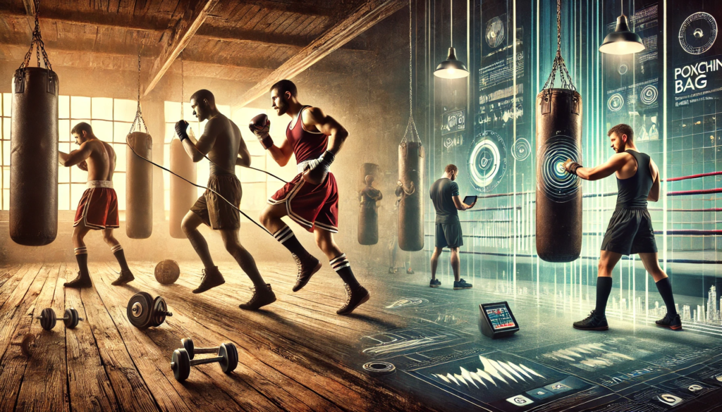 "A landscape image showing the evolution of boxing training. On the left, an old-school gym with a boxer skipping rope and traditional heavy bags. In the centre, a boxer practices with a coach observing. On the right, modern boxing training with wearable fitness trackers, high-tech punching sensors, and a coach analysing performance data. The scene transitions from vintage to modern, symbolising the shift to science-based boxing training."