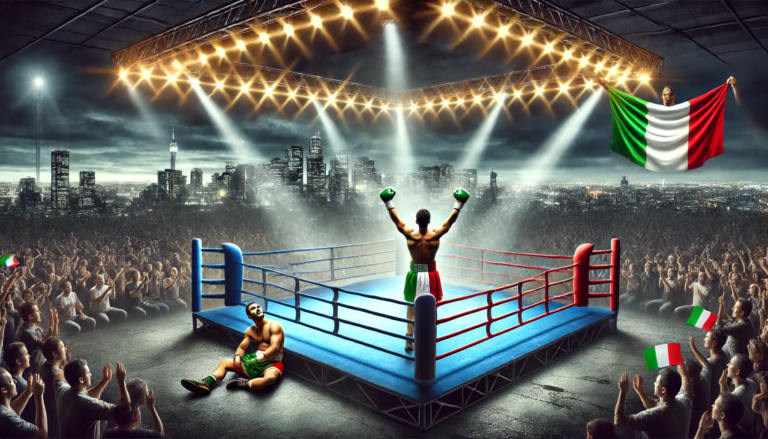 Boxing arena featuring Bruno Surace celebrating victory in the ring after a stunning upset, with a defeated opponent sitting in shock and a stunned crowd in the background