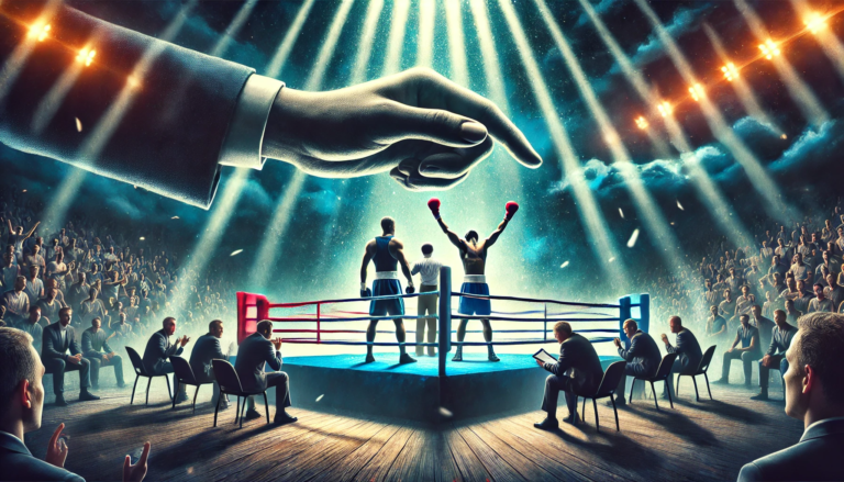 A dramatic depiction of the Allen vs Fisher controversy in boxing judging, featuring a boxing ring under bright lights. One boxer looks triumphant, while the other appears dejected, symbolising the impact of contentious decisions. The audience in the background is divided, with some cheering and others looking shocked, emphasising the tension and debate surrounding the fight. A looming judge's hand holding a scorecard highlights the theme of controversial scoring in boxing. The scene uses moody colours and intense lighting to evoke the emotions tied to the Allen vs Fisher controversy.