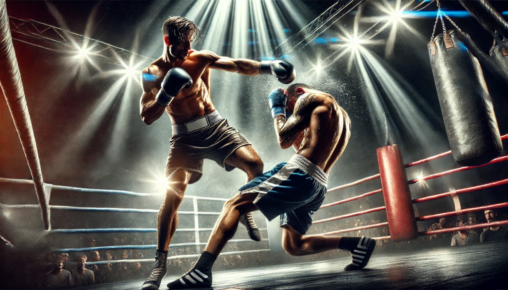 Boxer David Adeleye delivering a powerful right-hand knockout punch to his opponent in a dramatic boxing ring setting, with intense lighting and a cheering crowd in the background, capturing the decisive moment of the fight