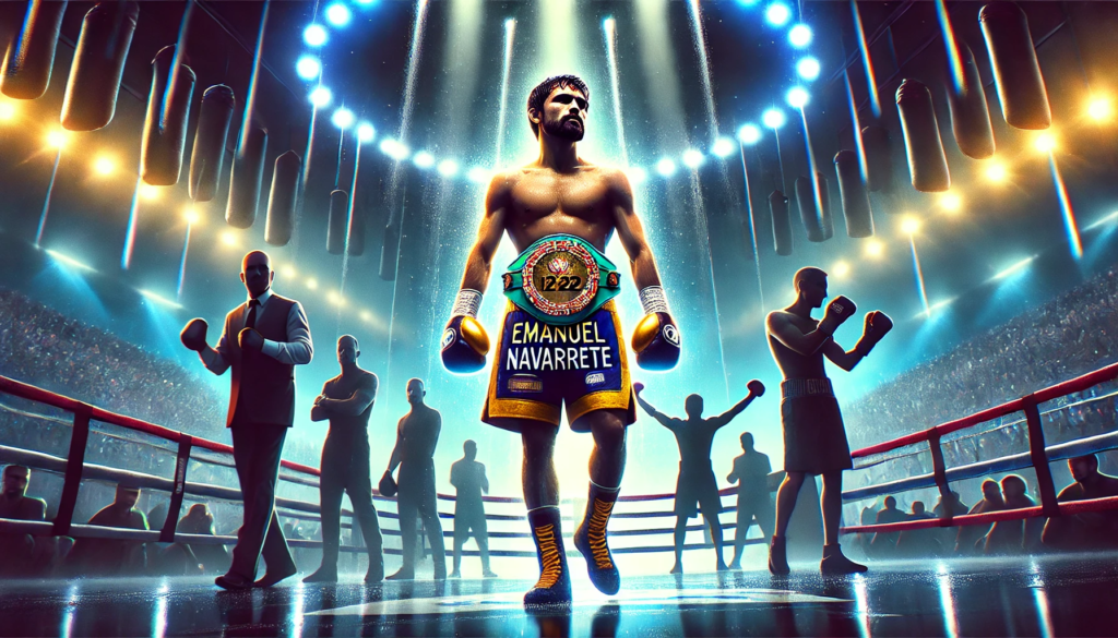 Illustration of Emanuel Navarrete standing victorious in a boxing ring, with a glowing championship belt in the background and silhouettes of division rivals fading away, symbolising his dominance in the super featherweight division."