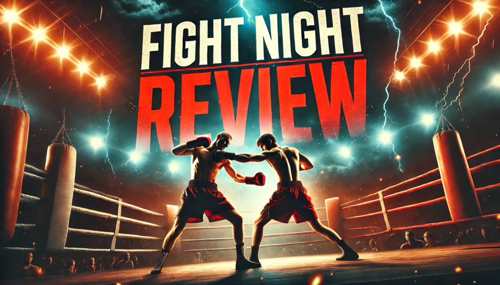 Two boxers engaged in a dramatic exchange of punches in the ring, set under vibrant lighting that captures the intensity of a fight night. The bold red text 'Fight Night Review' overlays the image, emphasizing the raw energy and excitement of professional boxing."