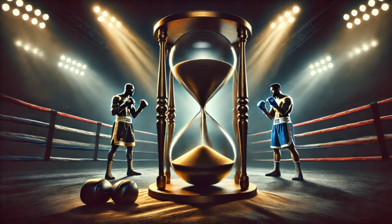 Feature image for the Gervonta Davis vs. Lamont Roach fight, highlighting the theme of delay and anticipation. The image features an hourglass with boxing gloves inside—one black and gold for Davis and one blue and white for Roach. In the background, two boxers stand in opposite corners of a dimly lit boxing ring under dramatic spotlights, symbolising the tension and stakes of the upcoming bout."