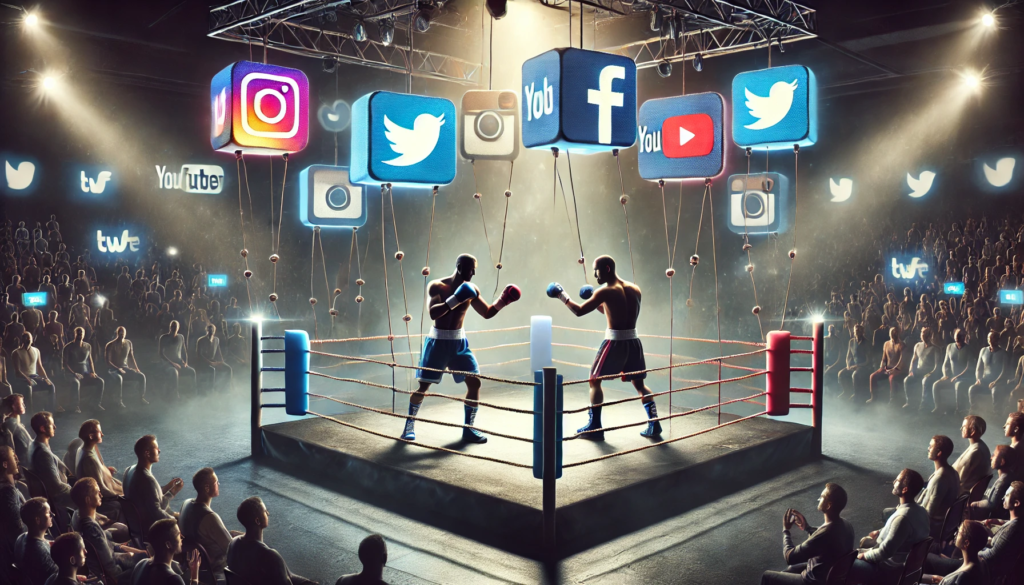 Realistic illustration of a dramatic boxing ring with two boxers facing off, surrounded by holographic social media icons like Twitter, Instagram, and YouTube. One boxer subtly holds marionette strings, symbolising rigging allegations. The scene highlights the intersection of boxing, social media, and controversy, tying into the Jake Paul vs. Mike Tyson fight discussion.