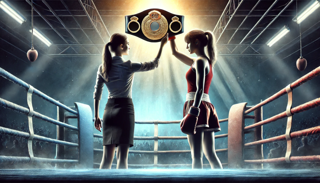 Female boxer in a professional boxing ring handing over a championship title belt, symbolizing a pivotal moment in the sport and reflecting the transition after Katie Taylor vacates WBC lightweight title for a super lightweight showdown