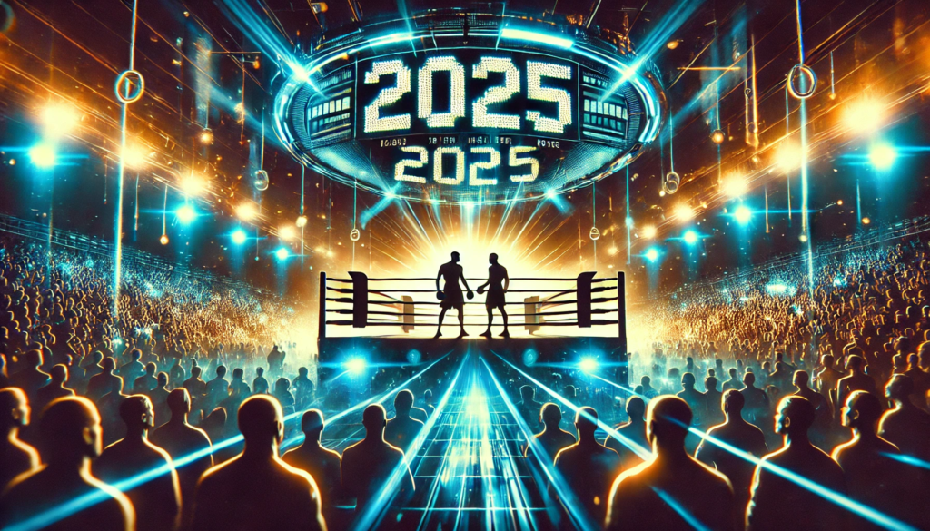 Futuristic boxing ring under bright arena lights with a digital countdown timer displaying '2025,' symbolizing the anticipated future fight between Keyshawn Davis and Gervonta 'Tank' Davis, surrounded by a roaring crowd and two silhouetted boxers facing off."