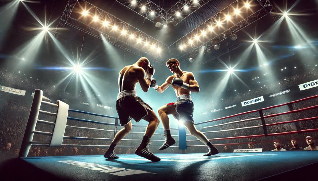 An ultra-realistic depiction of a professional lightweight boxing match featuring Liam Paro and an opponent in a packed arena. The image showcases two lean and agile fighters mid-action, with one delivering a precise punch while the other skillfully dodges. Bright overhead lights illuminate the intense scene, with a roaring crowd and championship branding visible in the background, capturing the electrifying atmosphere of this pivotal bout."