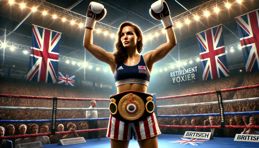 "Natasha Jonas, a Black female boxer, stands triumphantly in the boxing ring during her final year as a professional athlete. She is wearing boxing gear with subtle British flag elements, raising her gloved hands in victory. A championship belt is prominently displayed around her waist, symbolising her career achievements. The packed stadium, illuminated by bright arena lights, adds to the celebratory atmosphere, while banners in the background reference her retirement. Her expression reflects pride, determination, and the culmination of a hard-fought career