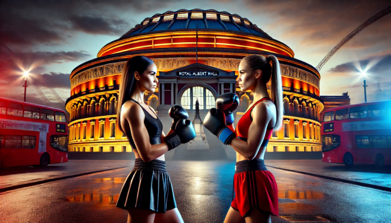 Two female boxers face off head-to-head in front of the iconic Royal Albert Hall, with one wearing a sleek black boxing outfit and the other in a brightly coloured outfit. The scene highlights the intensity of the Natasha Jonas v Lauren Price showdown, capturing the competitive energy and significance of the upcoming undisputed welterweight title fight.