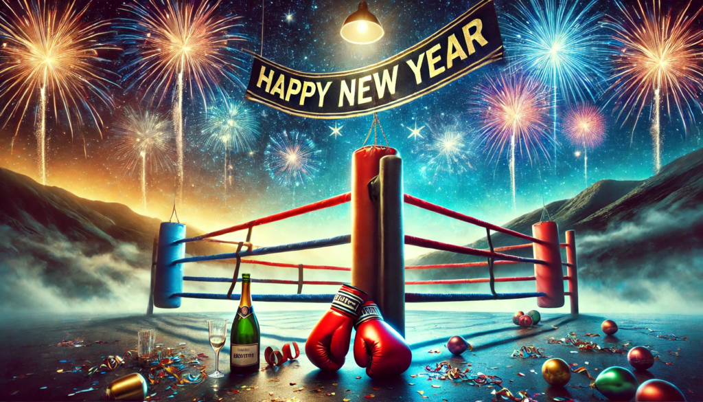 Boxing ring under a starry night sky with vibrant New Year’s fireworks, boxing gloves draped over the ropes, and a festive 'Happy New Year' banner in gold and silver, symbolising the excitement of New Year’s Day boxing