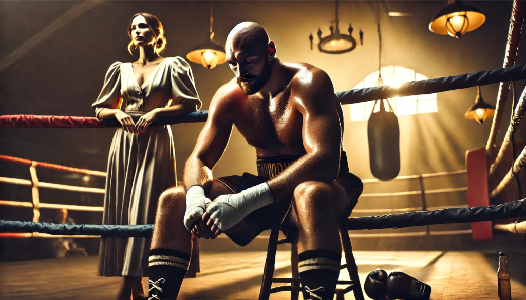 An emotional scene featuring a boxer resembling Tyson Fury sitting in a boxing ring after a loss, his gloves resting beside him and his head bowed in reflection. Behind him, his wife stands supportively, exuding strength and compassion. The dimly lit, empty arena and dramatic lighting create a poignant atmosphere, symbolising unity and resilience. This image captures the essence of Paris Fury reaction to Tyson Fury's challenges in the boxing world.