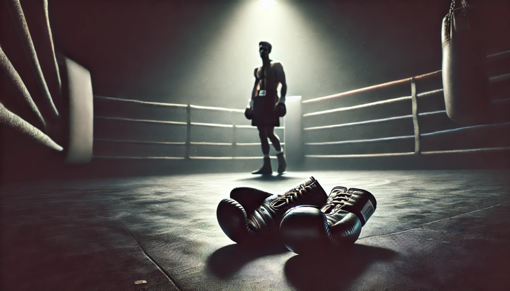 Dimly lit boxing ring with a spotlight highlighting a pair of boxing gloves resting on the mat. In the background, a shadowy figure walks away, symbolising the passing of Genadij Krajevskij. The sombre tones evoke reflection on his career and legacy."