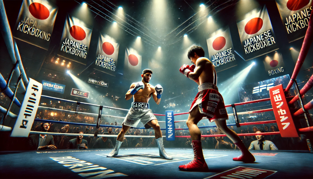 A dramatic boxing scene showcasing Ryan Garcia vs Rukiya Anpo in a high-stakes exhibition match. The fighters are in a brightly lit boxing ring, surrounded by a roaring crowd. Ryan Garcia, wearing silver and blue boxing trunks, is throwing a swift jab, while Rukiya Anpo, in red and white gear, skillfully dodges. The scene highlights the intensity of the crossover bout, with banners promoting both boxing and Japanese kickboxing, emphasising the unique nature of the event.